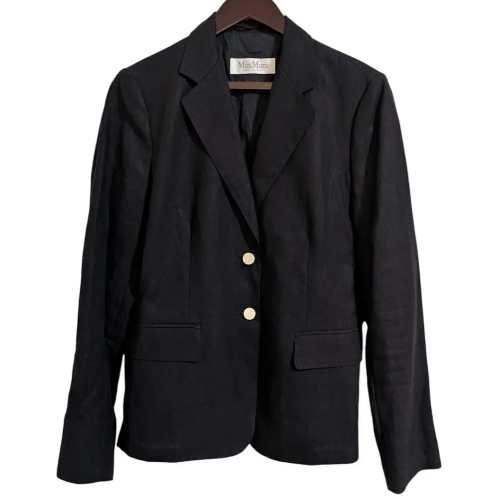 Max Mara Black Linen Blend Blazer - US 14 / Nautical Anchor Buttons